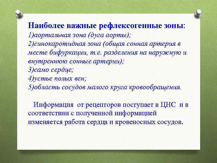 Наиболее важные рефлексогенные зоны: 1)аортальная зона (дуга аорты); 2)синокаротидная зона (общая сонная артерия в