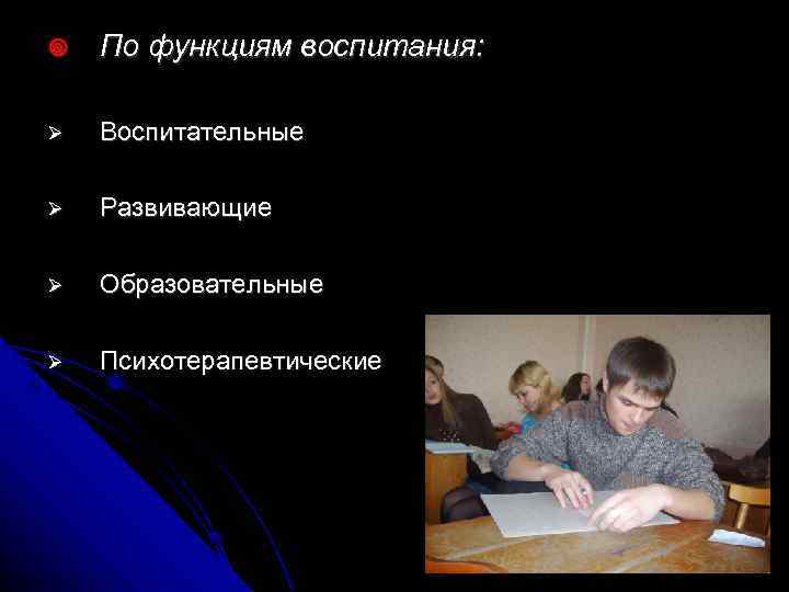   По функциям воспитания:  Воспитательные Развивающие Образовательные Психотерапевтические 