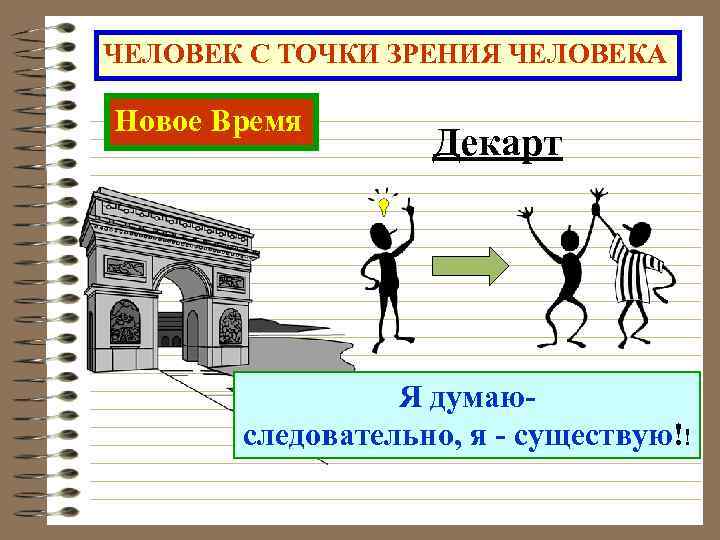 ЧЕЛОВЕК С ТОЧКИ ЗРЕНИЯ ЧЕЛОВЕКА Новое Время Декарт Я думаю- следовательно, я - существую!!