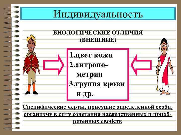  Индивидуальность БИОЛОГИЧЕСКИЕ ОТЛИЧИЯ (ВНЕШНИЕ) 1. цвет кожи 2. антропо- метрия 3. группа крови