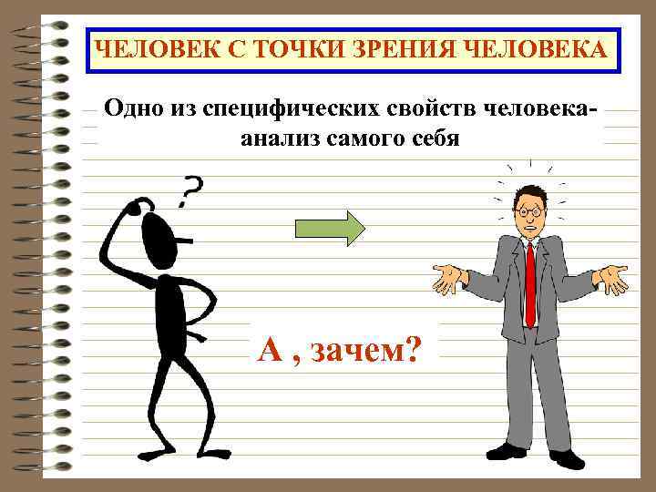 ЧЕЛОВЕК С ТОЧКИ ЗРЕНИЯ ЧЕЛОВЕКА Одно из специфических свойств человека- анализ самого себя А