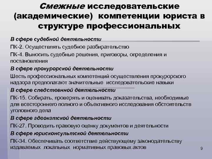  Смежные исследовательские (академические) компетенции юриста в структуре профессиональных В сфере судебной деятельности ПК-2.