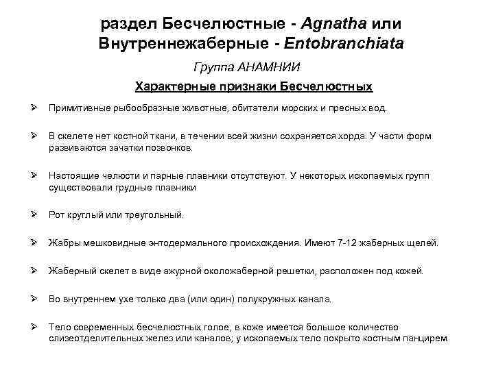  раздел Бесчелюстные - Agnatha или Внутреннежаберные - Entobranchiata Группа АНАМНИИ Характерные признаки Бесчелюстных