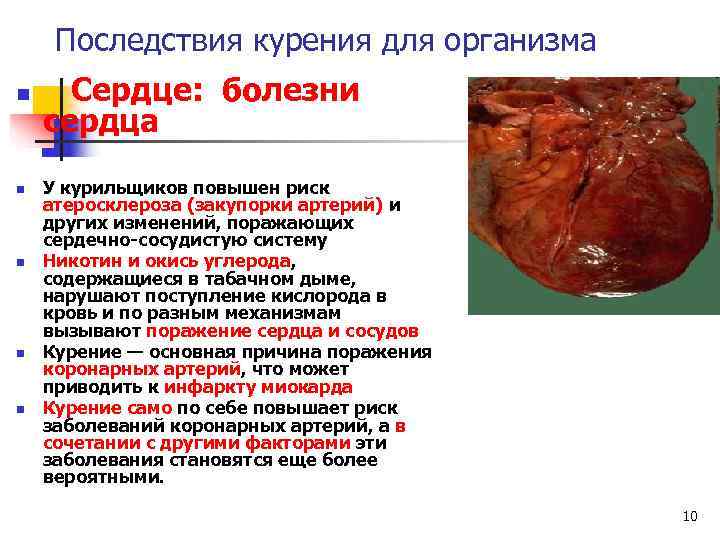  Последствия курения для организма n Сердце: болезни сердца n У курильщиков повышен риск