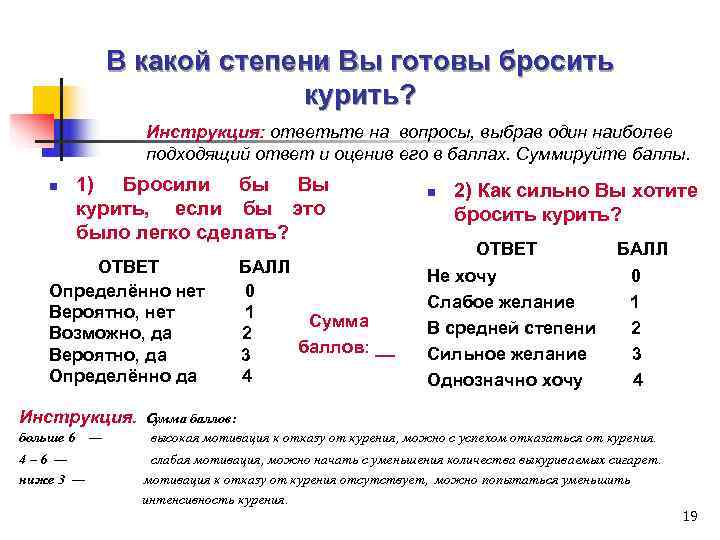  В какой степени Вы готовы бросить курить? Инструкция: ответьте на вопросы, выбрав один