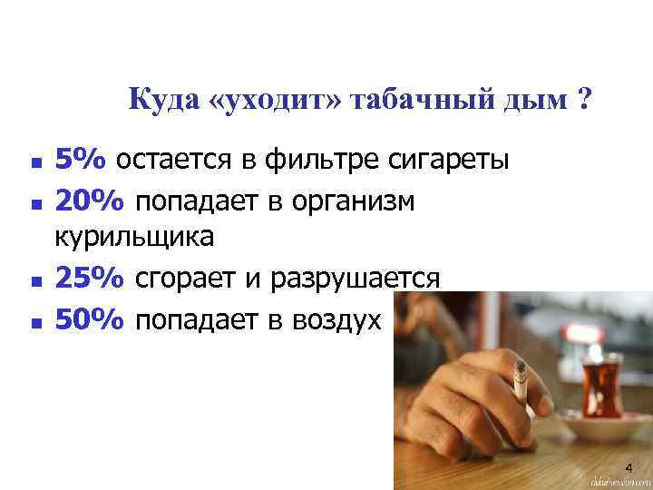  Куда «уходит» табачный дым ? n 5% остается в фильтре сигареты n 20%