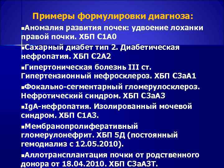  Примеры формулировки диагноза: n. Аномалия развития почек: удвоение лоханки правой почки. ХБП С