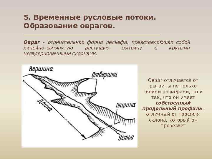 5. Временные русловые потоки. Образование оврагов. Овраг - отрицательная форма рельефа, представляющая собой линейно-вытянутую