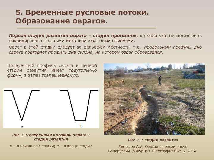  5. Временные русловые потоки. Образование оврагов. Первая стадия развития оврага – стадия промоины