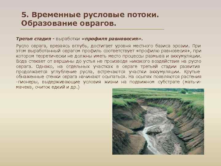  5. Временные русловые потоки. Образование оврагов. Третья стадия - выработки «профиля равновесия» .