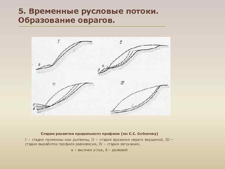 5. Временные русловые потоки. Образование оврагов. Стадии развития продольного профиля (по С. С. Соболеву)