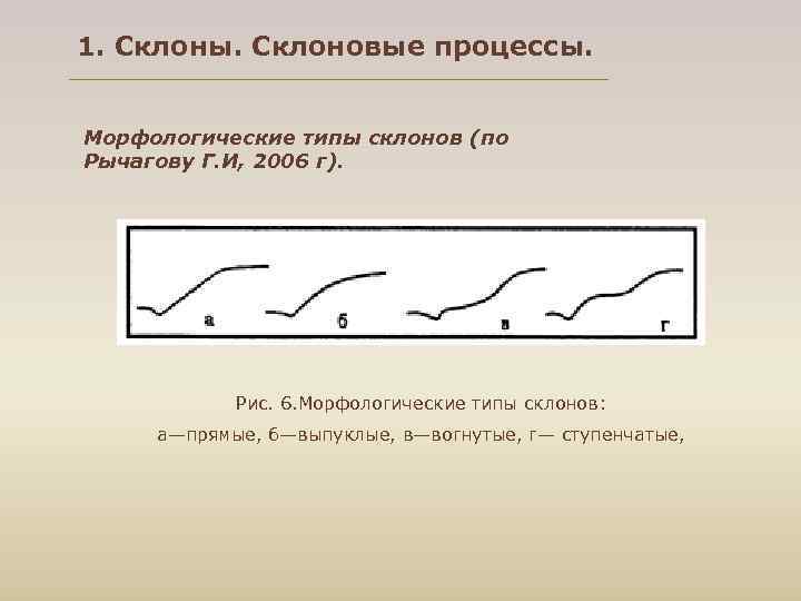 1. Склоны. Склоновые процессы. Морфологические типы склонов (по Рычагову Г. И, 2006 г). Рис.