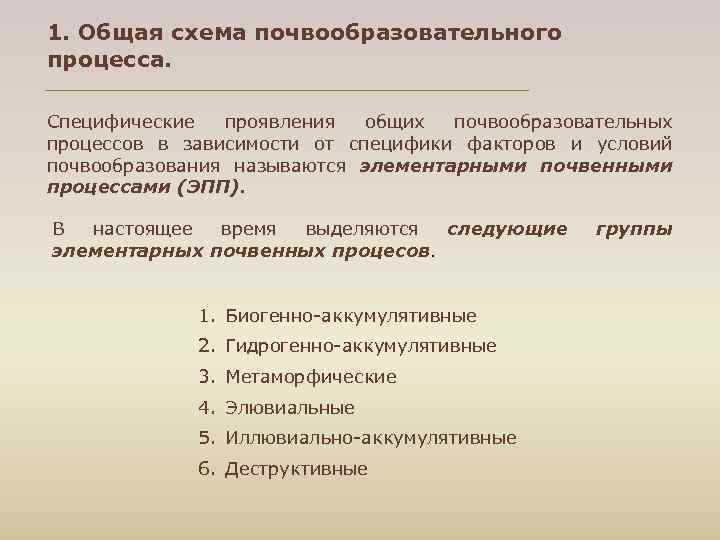 1. Общая схема почвообразовательного процесса. Специфические проявления общих почвообразовательных процессов в зависимости от специфики