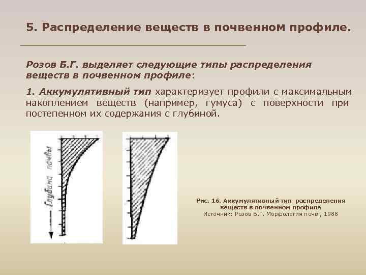 5. Распределение веществ в почвенном профиле. Розов Б. Г. выделяет следующие типы распределения веществ