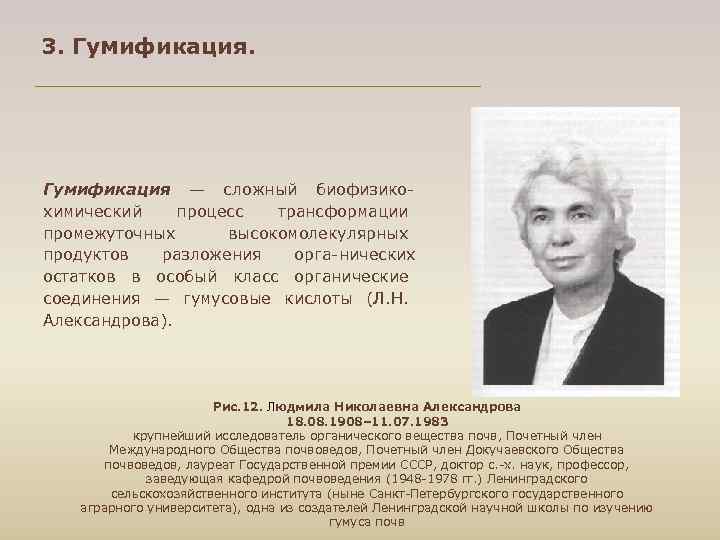 3. Гумификация — сложный биофизико химический процесс трансформации промежуточных высокомолекулярных продуктов разложения орга нических