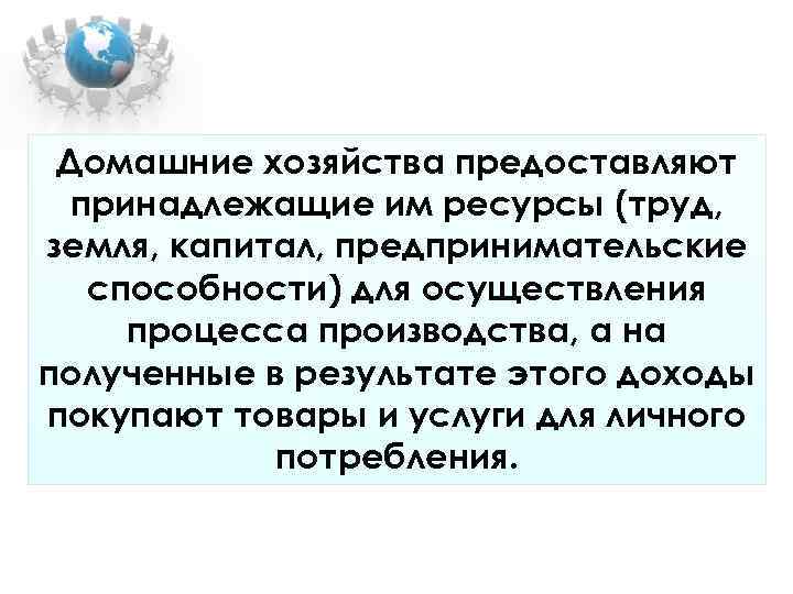 Домашние хозяйства предоставляют принадлежащие им ресурсы (труд, земля, капитал, предпринимательские способности) Домашние хозяйства предоставляют принадлежащие им ресурсы (труд, земля, капитал, предпринимательские способности)