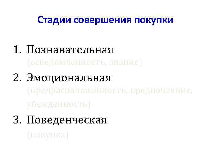   Стадии совершения покупки 1. Познавательная  (осведомленность, знание) 2. Эмоциональная  (предрасположенность,