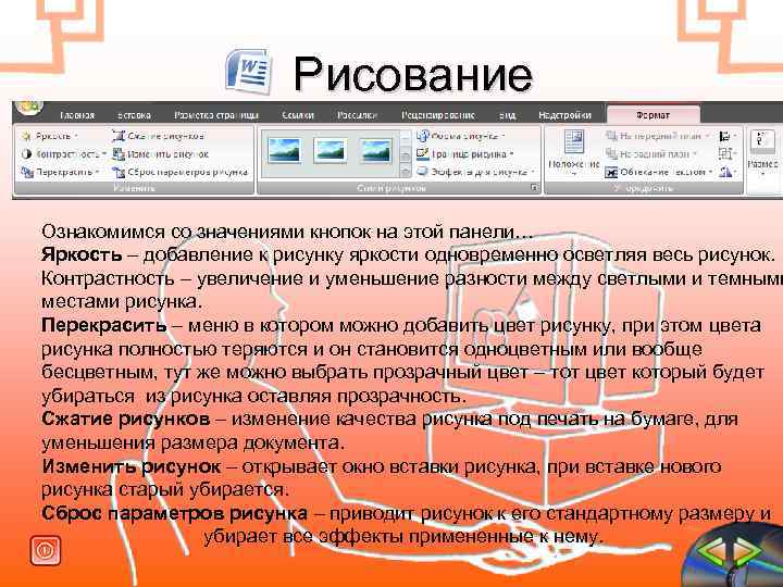  Рисование Ознакомимся со значениями кнопок на этой панели… Яркость – добавление к рисунку