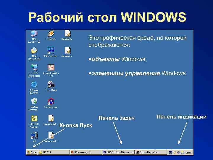Рабочий стол WINDOWS Это графическая среда, на которой отображаются: § объекты Windows, § элементы
