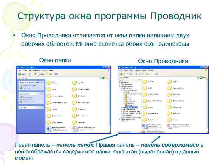  Структура окна программы Проводник • Окно Проводника отличается от окна папки наличием двух