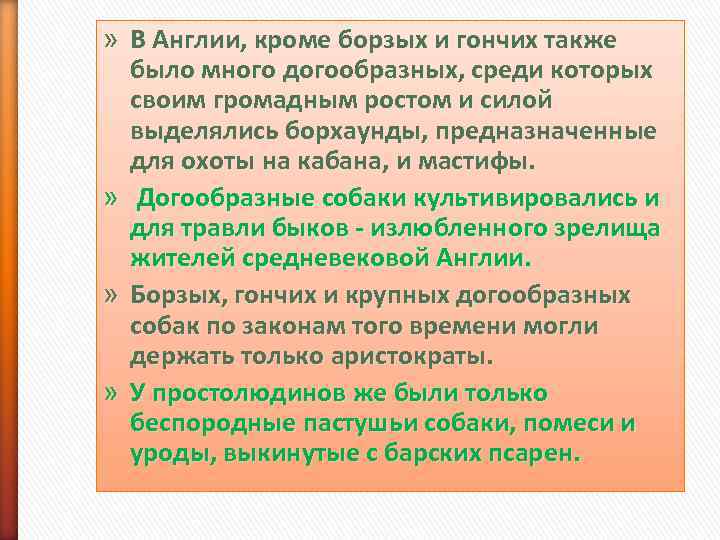 » В Англии, кроме борзых и гончих также  было много догообразных, среди которых