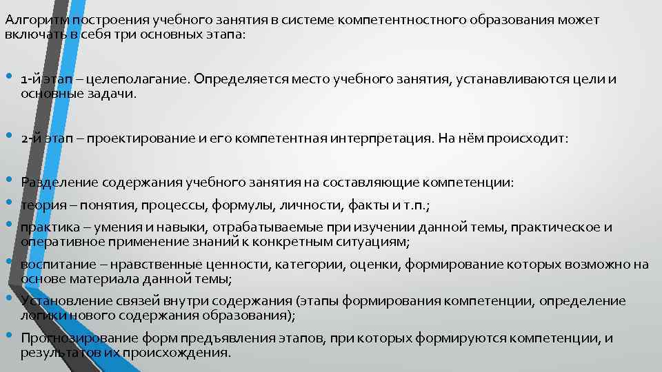 Алгоритм построения учебного занятия в системе компетентностного образования может включать в себя три основных