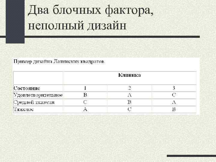 Два блочных фактора, неполный дизайн 