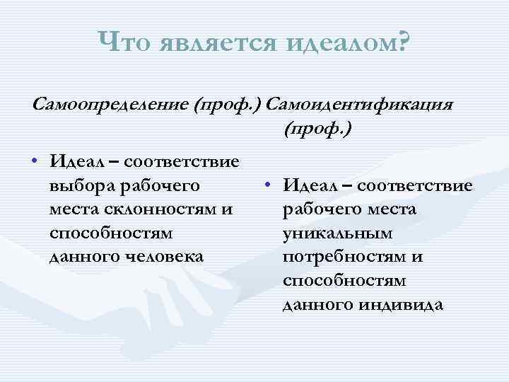  Что является идеалом? Самоопределение (проф. ) Самоидентификация (проф. ) • Идеал – соответствие