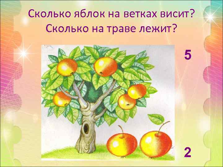 Сколько яблок на ветках висит? Сколько на траве лежит?     