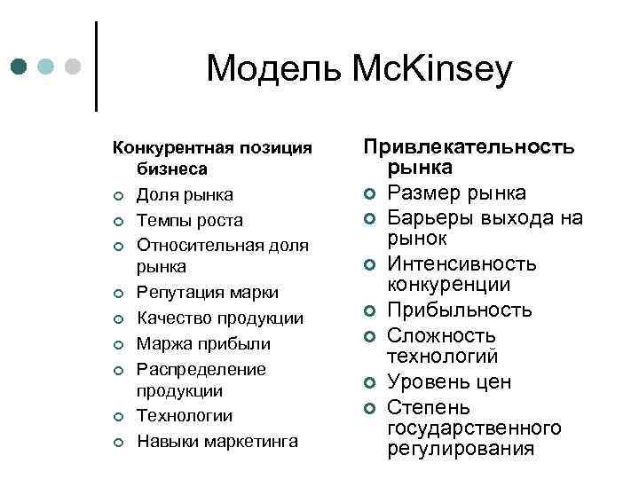  Модель Mc. Kinsey Конкурентная позиция Привлекательность бизнеса рынка ¢ Доля рынка ¢ Размер