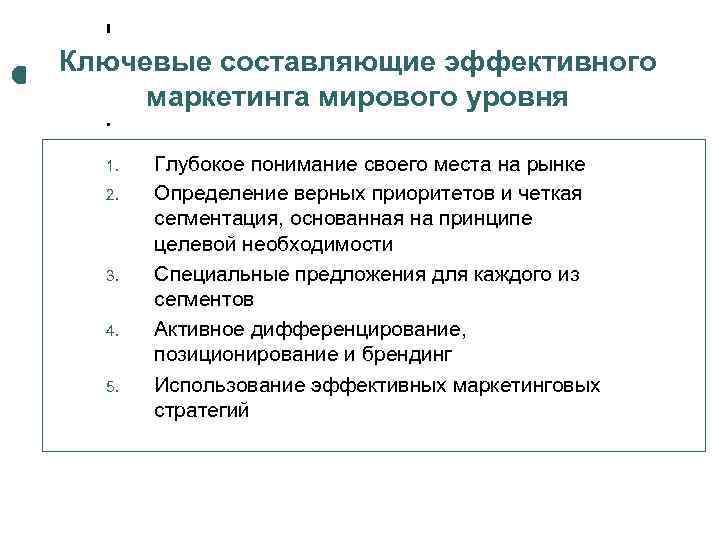 Ключевые составляющие эффективного маркетинга мирового уровня 1. Глубокое понимание своего места на рынке 2.