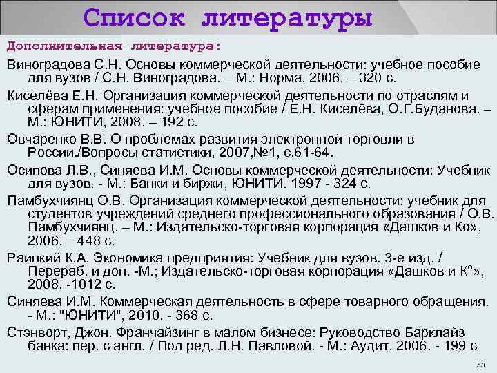  Список литературы Дополнительная литература: Виноградова С. Н. Основы коммерческой деятельности: учебное пособие для