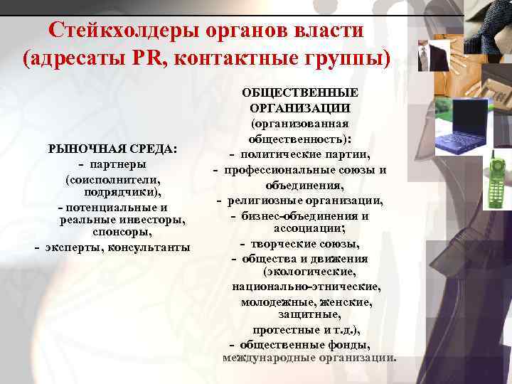   Стейкхолдеры органов власти (адресаты PR, контактные группы)    ОБЩЕСТВЕННЫЕ 