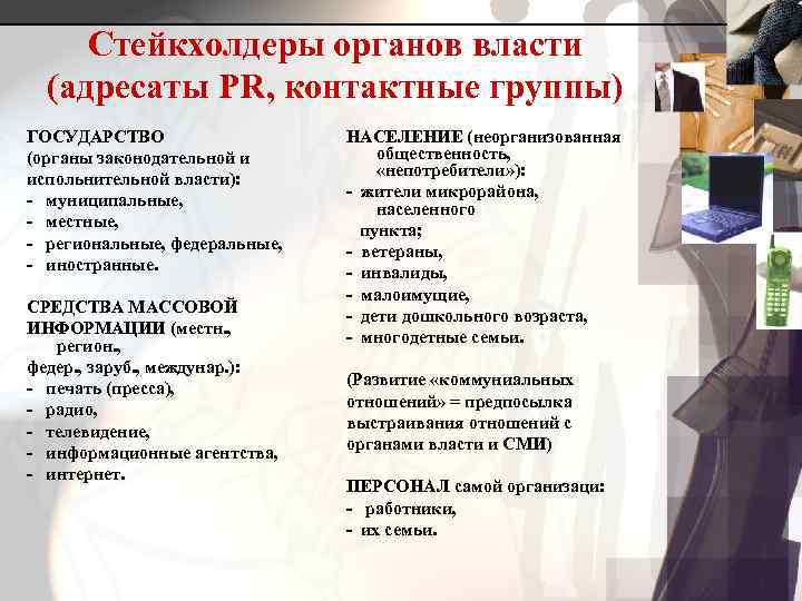  Стейкхолдеры органов власти  (адресаты PR, контактные группы) ГОСУДАРСТВО    