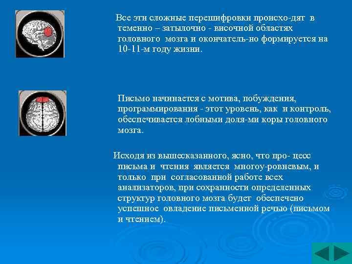 Все эти сложные перешифровки происхо-дят в теменно – затылочно - височной областях головного мозга