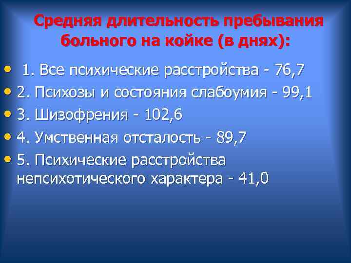  Средняя длительность пребывания больного на койке (в днях): • 1. Все психические расстройства