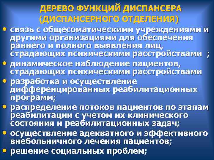  ДЕРЕВО ФУНКЦИЙ ДИСПАНСЕРА (ДИСПАНСЕРНОГО ОТДЕЛЕНИЯ) • связь с общесоматическими учреждениями и другими организациями