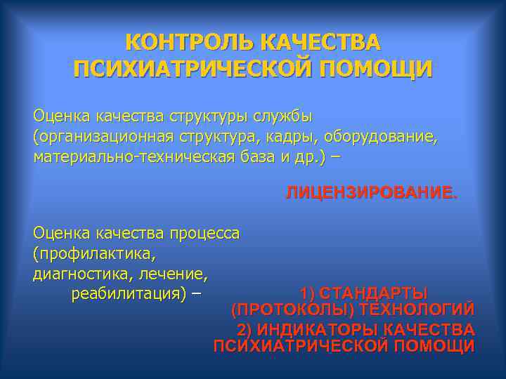  КОНТРОЛЬ КАЧЕСТВА ПСИХИАТРИЧЕСКОЙ ПОМОЩИ Оценка качества структуры службы (организационная структура, кадры, оборудование, материально-техническая