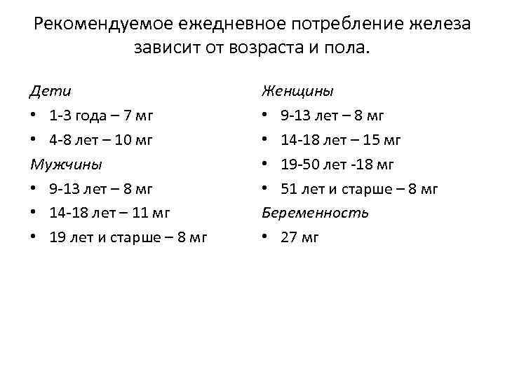 Рекомендуемое ежедневное потребление железа  зависит от возраста и пола.  Дети  