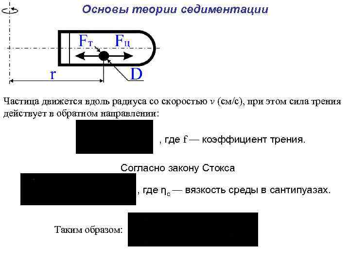  Основы теории седиментации Частица движется вдоль радиуса со скоростью v (см/c), при этом