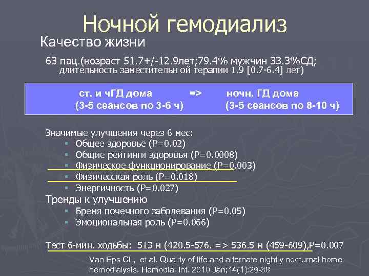   Ночной гемодиализ Качество жизни 63 пац. (возраст 51. 7+/-12. 9 лет; 79.