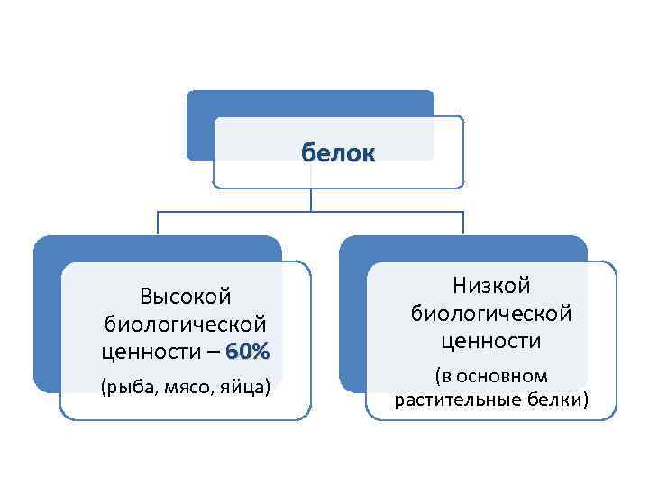  белок Высокой Низкой биологической ценности – 60% ценности (в основном (рыба, мясо, яйца)