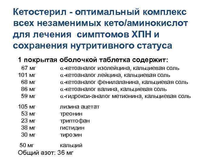 Кетостерил - оптимальный комплекс всех незаменимых кето/аминокислот для лечения симптомов ХПН и сохранения нутритивного