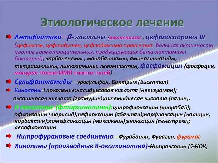  Этиологическое лечение Антибиотики –β- лактамы (амоксиклав), цефалоспорины III (цефиксим, цефтибутен, цефподоксима проксетил- большая