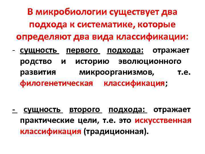  В микробиологии существует два  подхода к систематике, которые определяют два вида классификации: