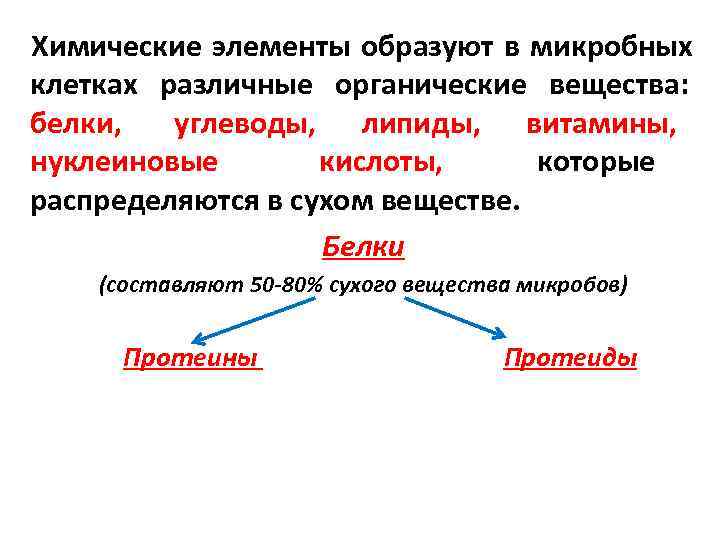 Химические элементы образуют в микробных клетках различные органические вещества: белки,  углеводы, липиды, витамины,