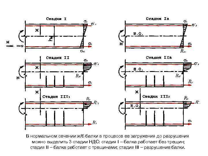 В нормальном сечении ж/б балки в процессе ее загружения до разрушения можно выделить 3