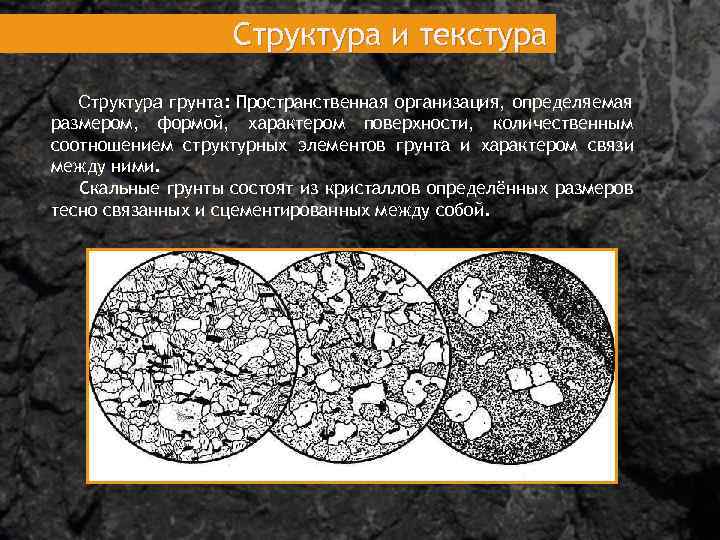  Структура и текстура Структура грунта: Пространственная организация, определяемая размером, формой, характером поверхности, количественным