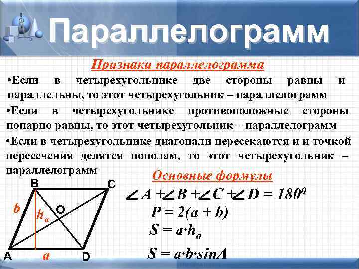  Параллелограмм Признаки параллелограмма • Если в четырехугольнике две стороны равны и параллельны, то