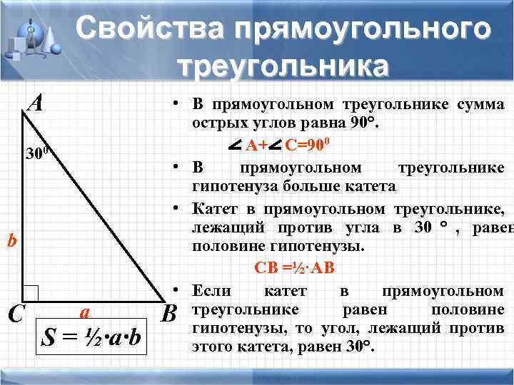  Свойства прямоугольного треугольника A • В прямоугольном треугольнике сумма острых углов равна 90°.